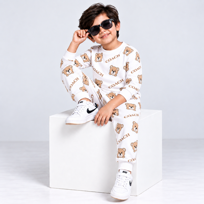 Kids Printed Sweatshirt & Jogger Set – Pink Teddy Bear Print