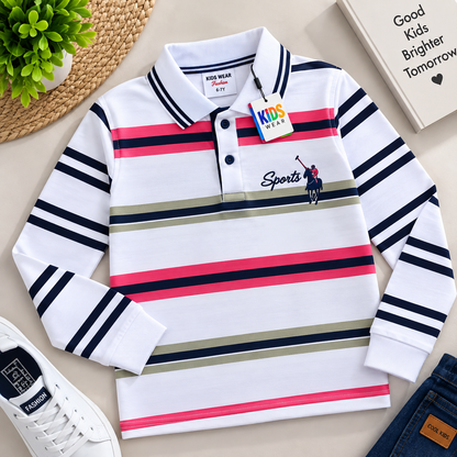 🤍 Premium Kids White Striped Polo T-Shirt