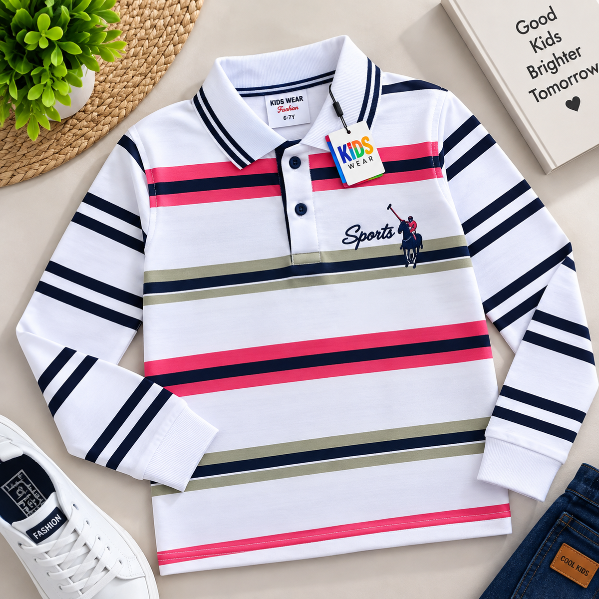 🤍 Premium Kids White Striped Polo T-Shirt