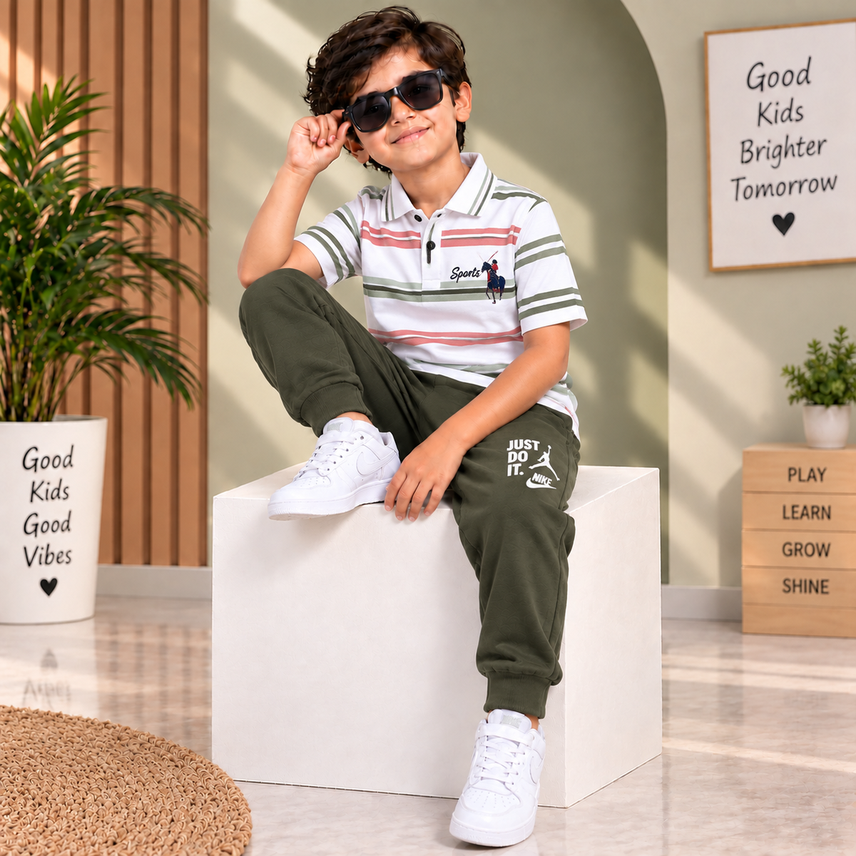 🤍 Premium Kids White Striped Polo T-Shirt