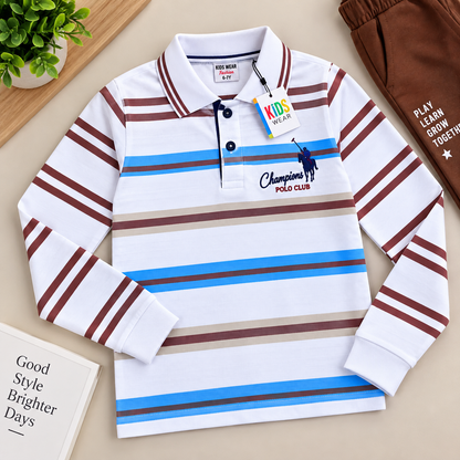 🤍 Premium Kids White Striped Polo T-Shirt