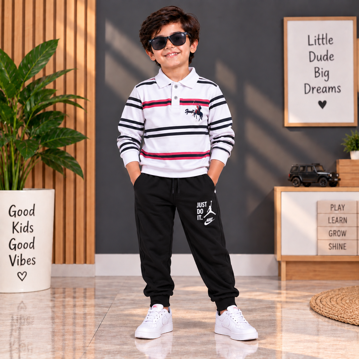 🤍 Premium Kids White Striped Polo T-Shirt