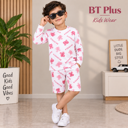 Kids Printed Sweatshirt & Jogger Set – Pink Teddy Bear Print