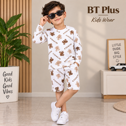 Kids Printed Sweatshirt & Jogger Set – Pink Teddy Bear Print