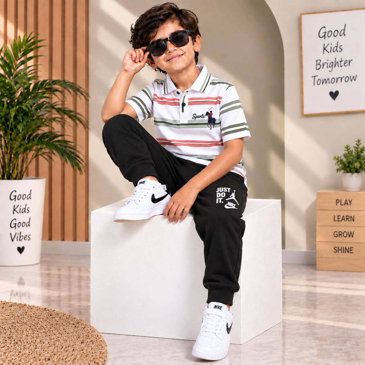 🤍 Premium Kids White Striped Polo T-Shirt