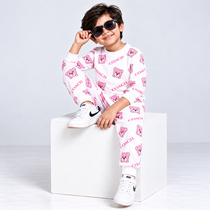 Kids Printed Sweatshirt & Jogger Set – Pink Teddy Bear Print